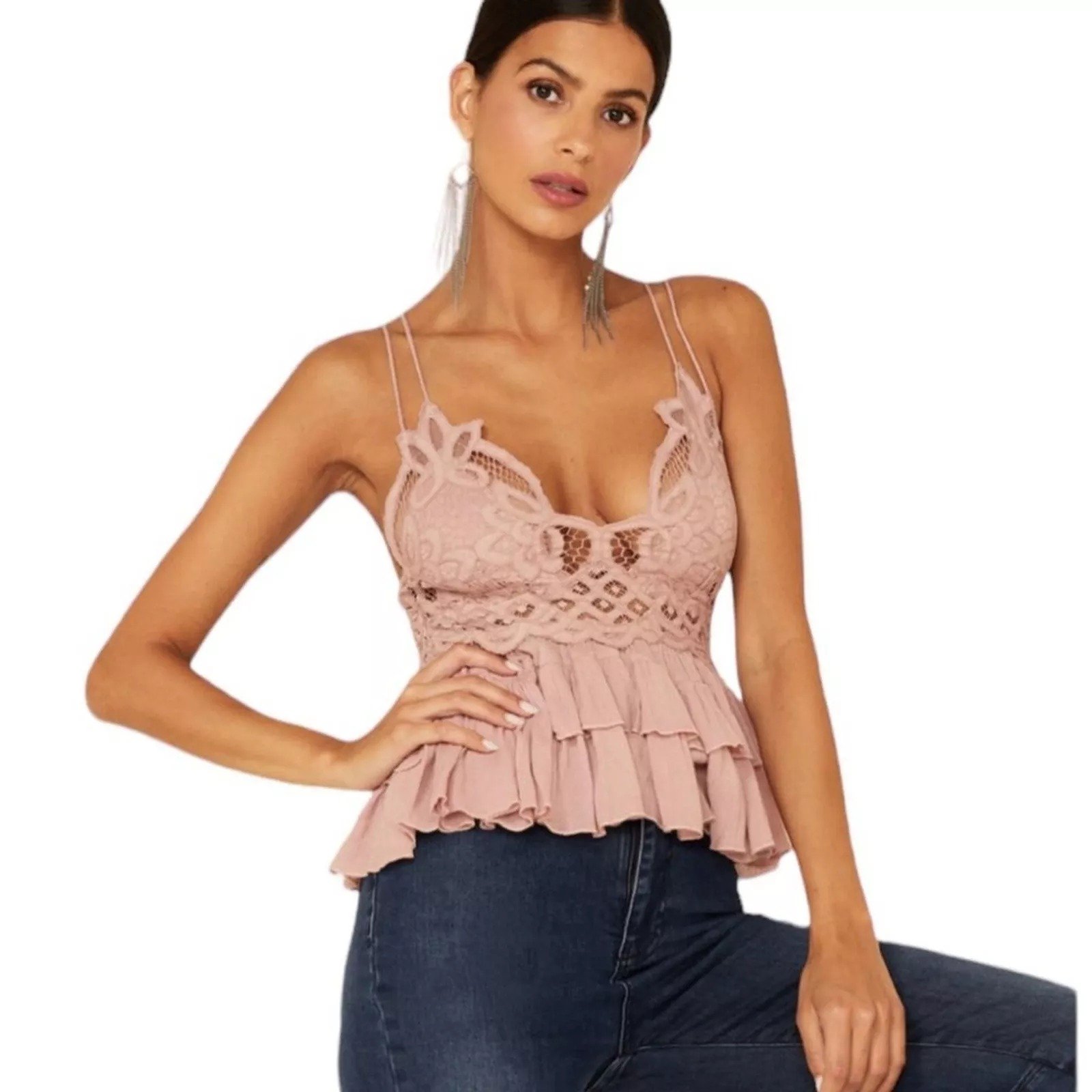 FREE PEOPLE INTIMATELY ADELLA CAMI SZ L Mauve Boho Flowy Tiered Ruffled Top NWT