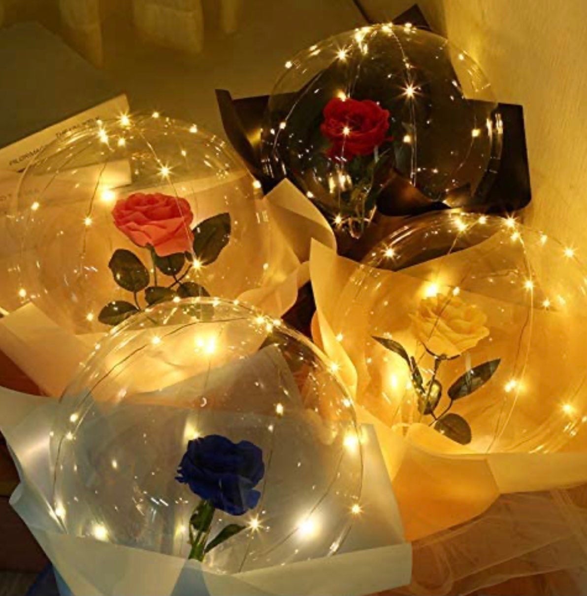 5pc Birthday Balloons LED Luminous Balloon Rose Bouquet, Light Transparent Ballo