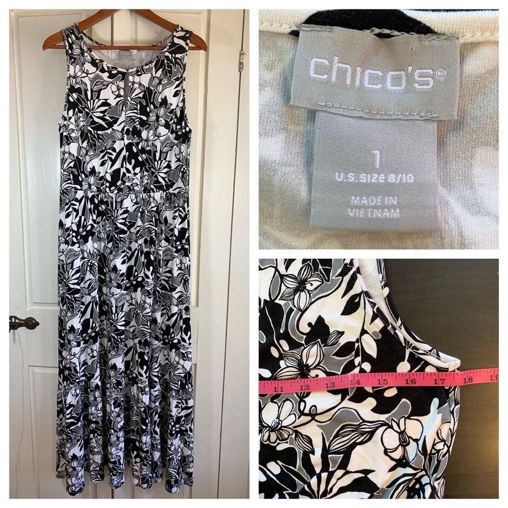 Chicos 1 Maxi Dress Womens Medium Black White Tropical Floral Striped Sleeveless