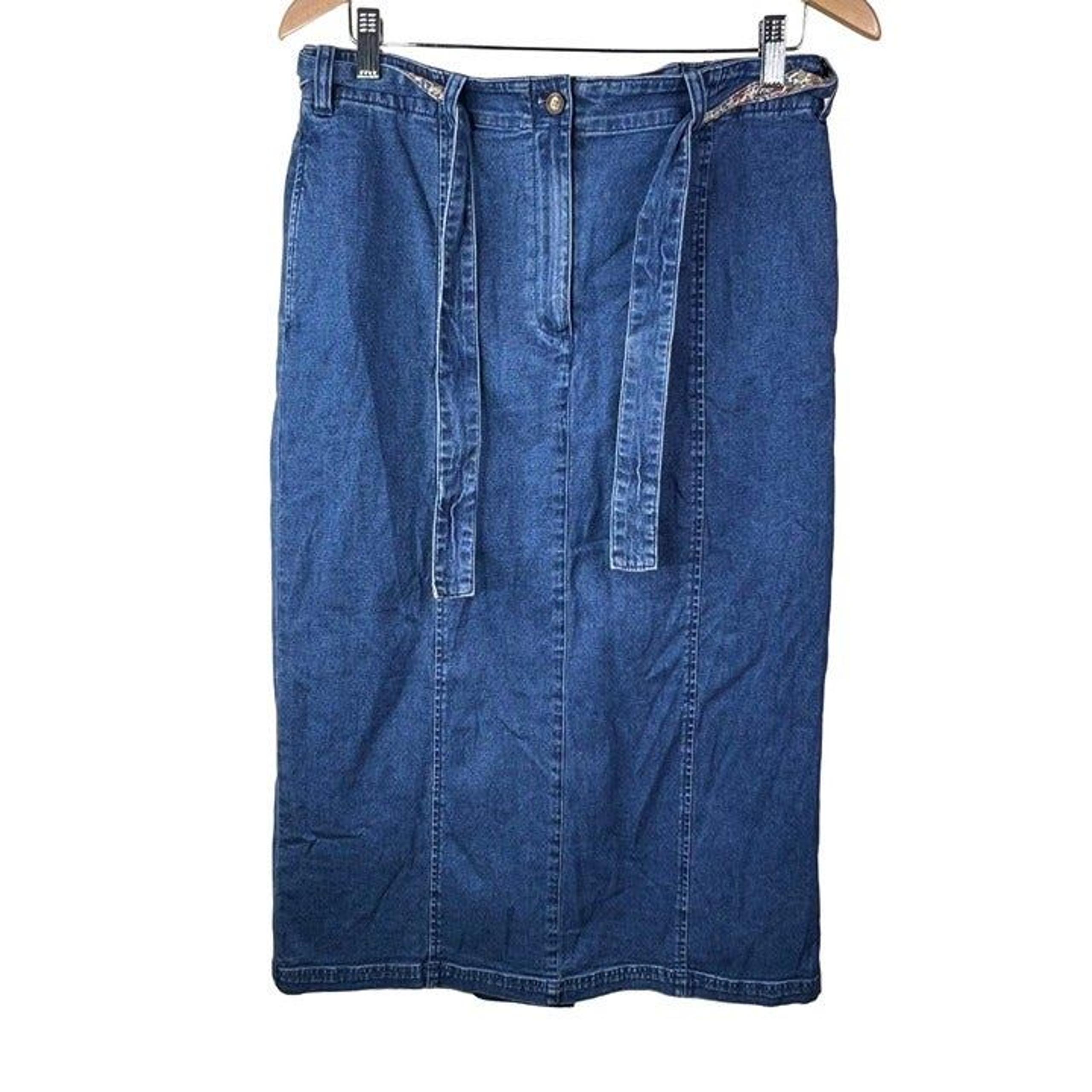 Orvis Floral Tie Waist Straight Denim Jean Skirt Blue Cotton Blend Womens 10