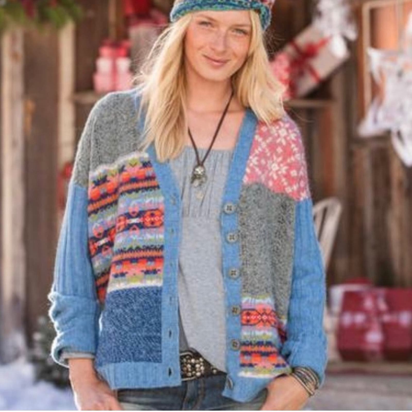 Sundance Purely Patchwork Cardigan Sweater Womens Large Blue Lambswool Knit