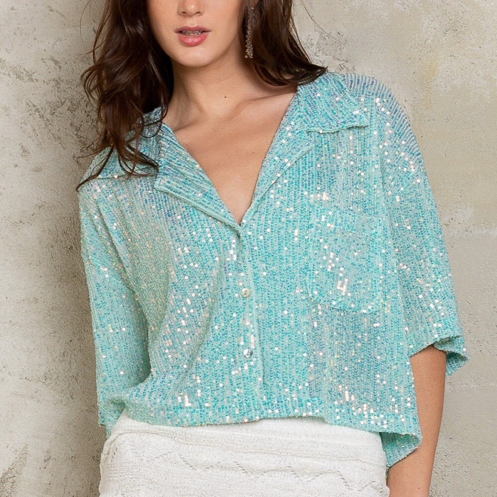 NEW‼️POL Dream Sequin Oversized Button Up Top, SM fits up to XL