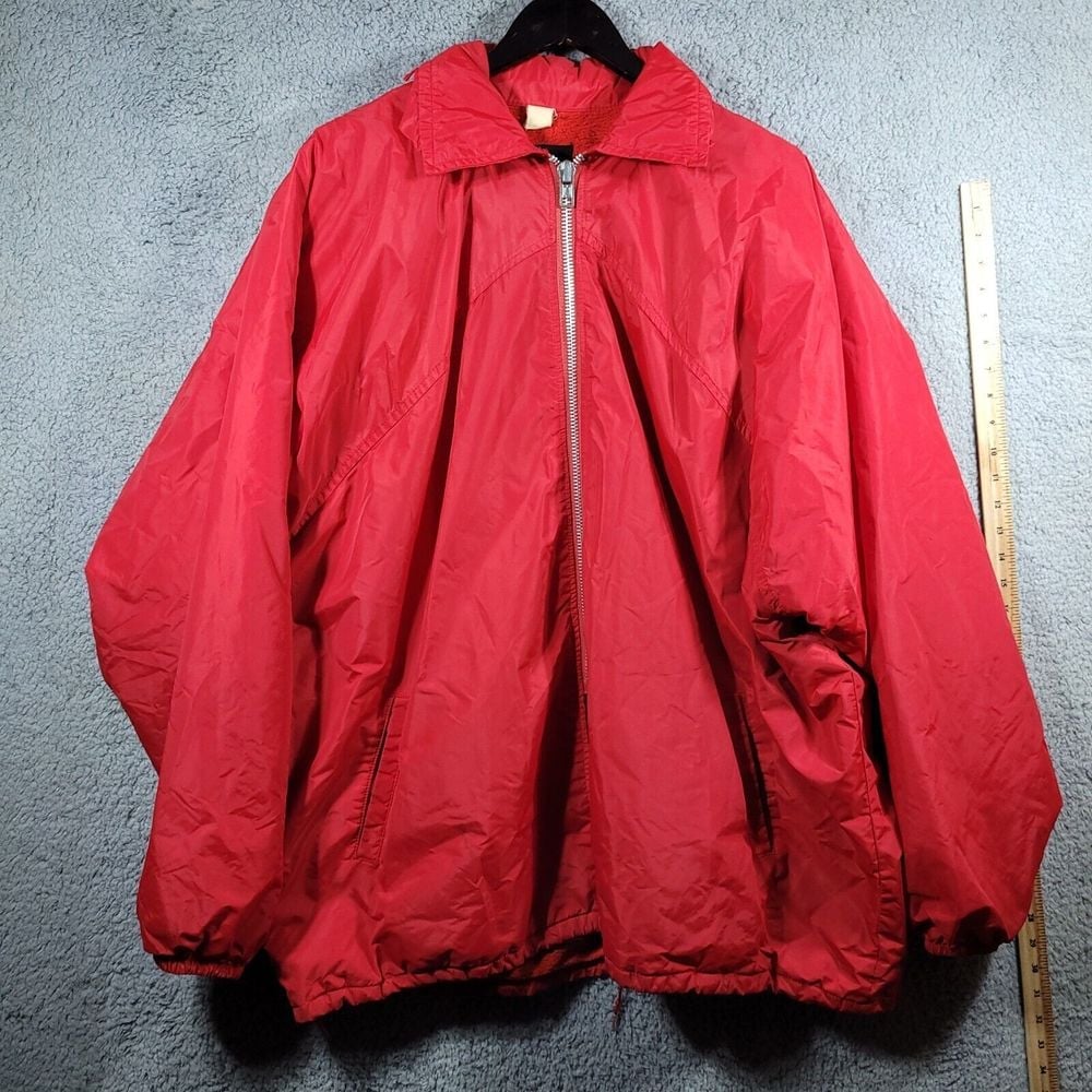 Champion Sherpa Lined Jacket Distressed VTG RED XL XXL USAHOODED WINDBREAKER