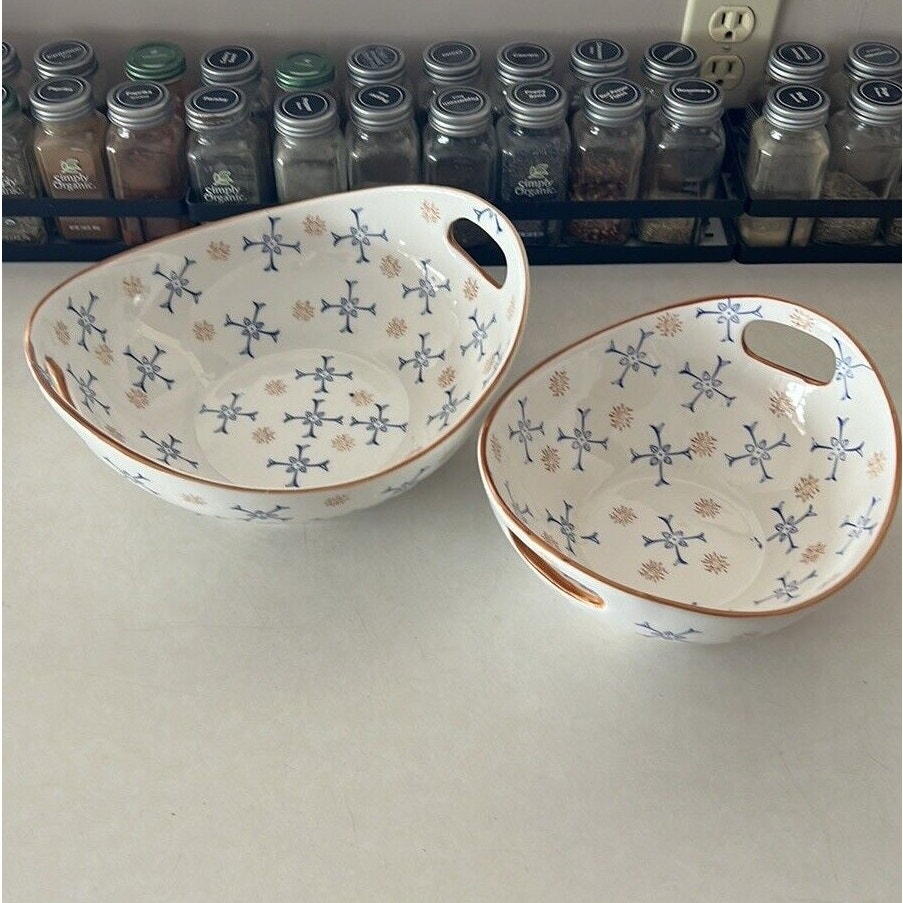 Open Handle Serving Bowls Set of 2 Temptations By Tara Blue Gold Flower Pattern