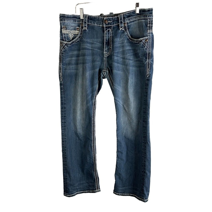 Rock Revival Mens 38 Hobert Boot Jeans Bootcut Thick Stitched Embroidered