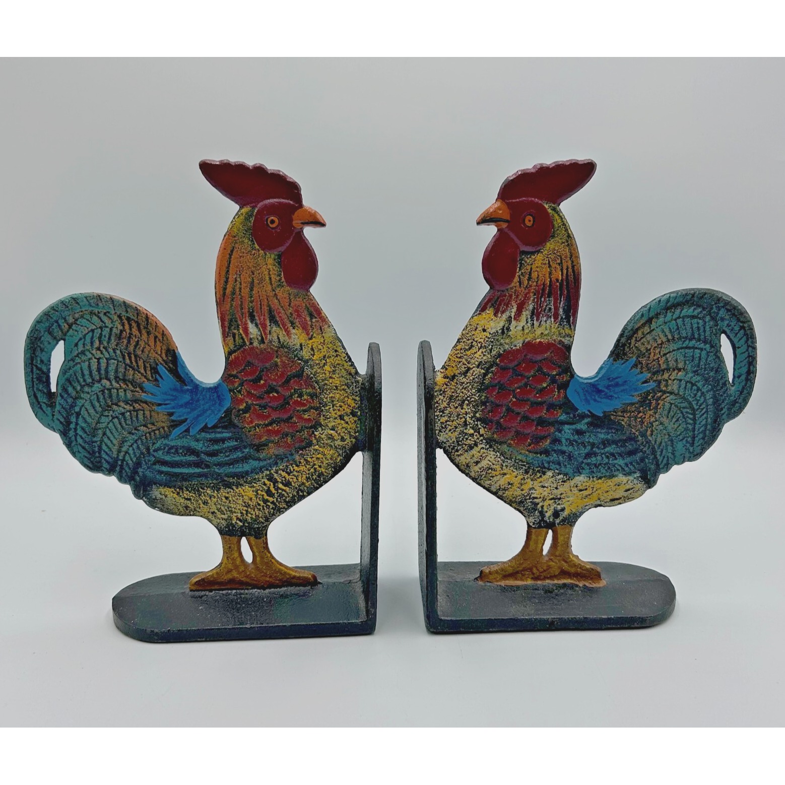 Vintage Cast Iron Painted Rooster Book Ends Door Stops Country Style 8 Tall