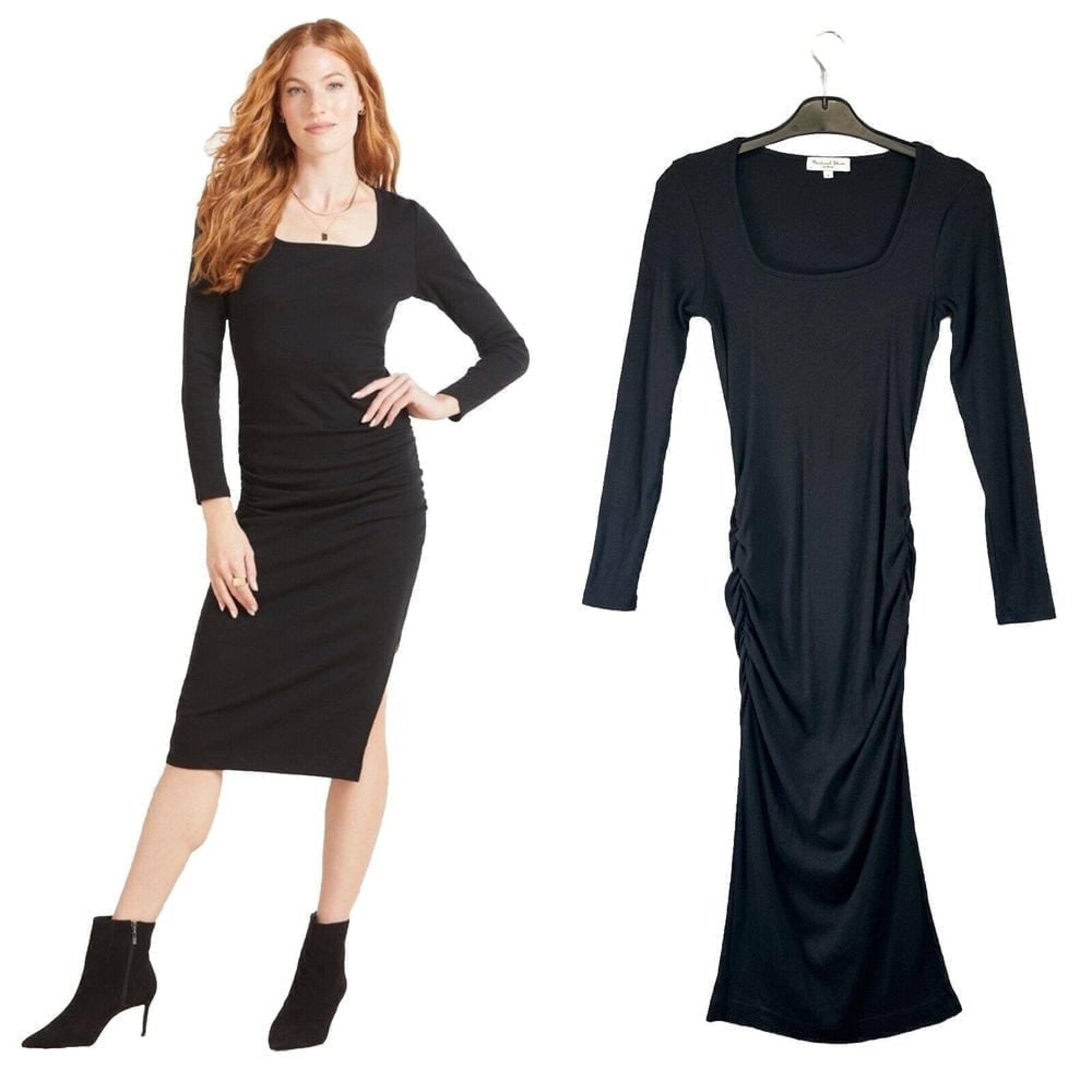Michael Stars Dress Womens S Black Rib Knit Midi Ruched Square Neck Long Sleeve