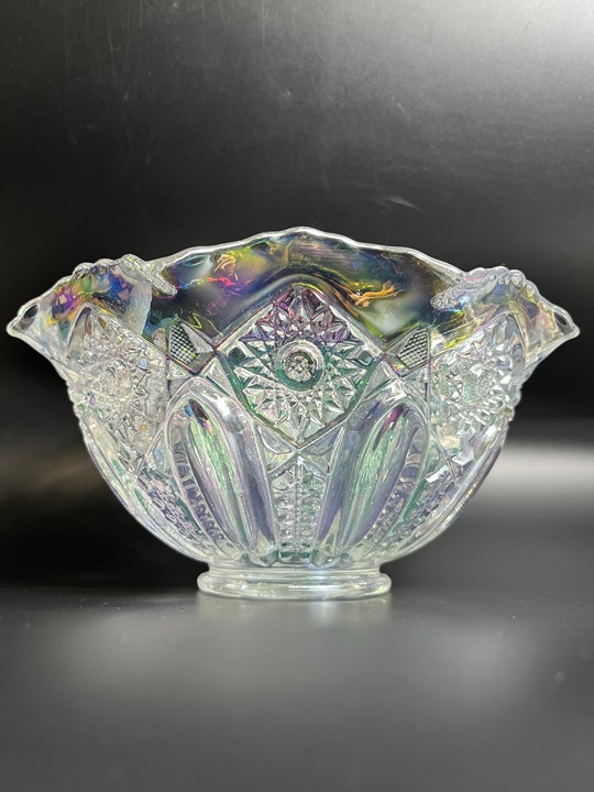 Vintage LE Smith Quintec Stars & Panels Iridescent Carnival Glass Sawtooth Bowl