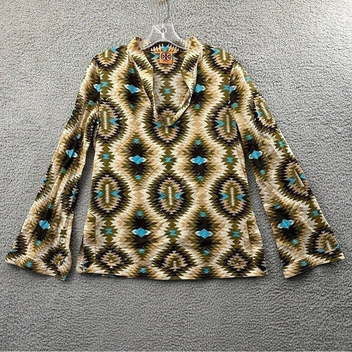 Tory Burch Aztec Southwestern Embellished Flare Sleeve Tunic Top 100% Cotton W 6