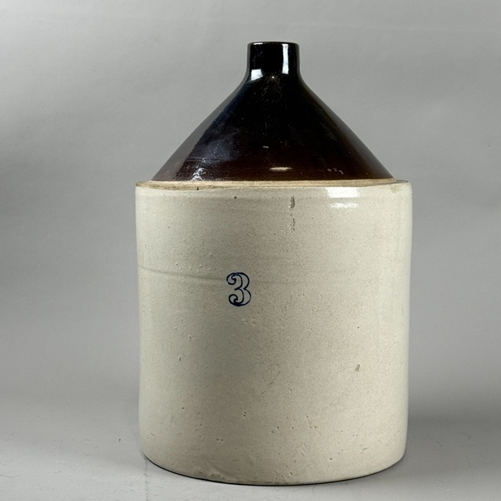 Vintage Stoneware Whiskey Jug 2 Tone Crock Brown Tan Pottery Farmhouse Decor