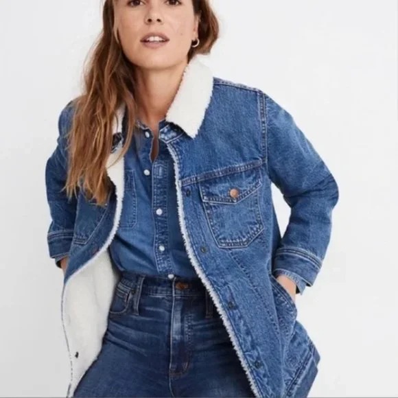 Faux Shearling Trim Oversize Denim Jacket