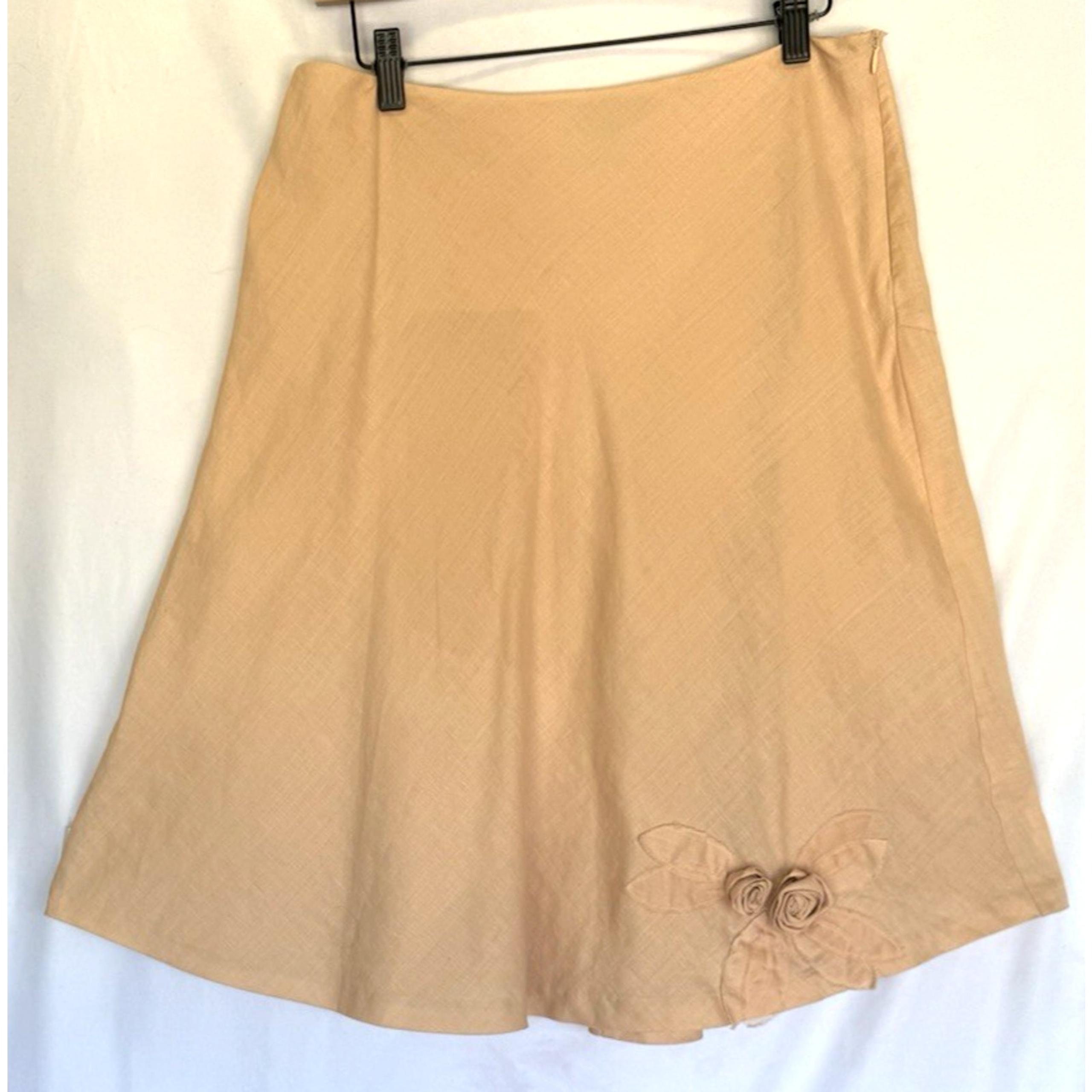 Kenar Midi Skirt Womens Size 10 100% Linen Petal Pink 3D Floral Preppy Career