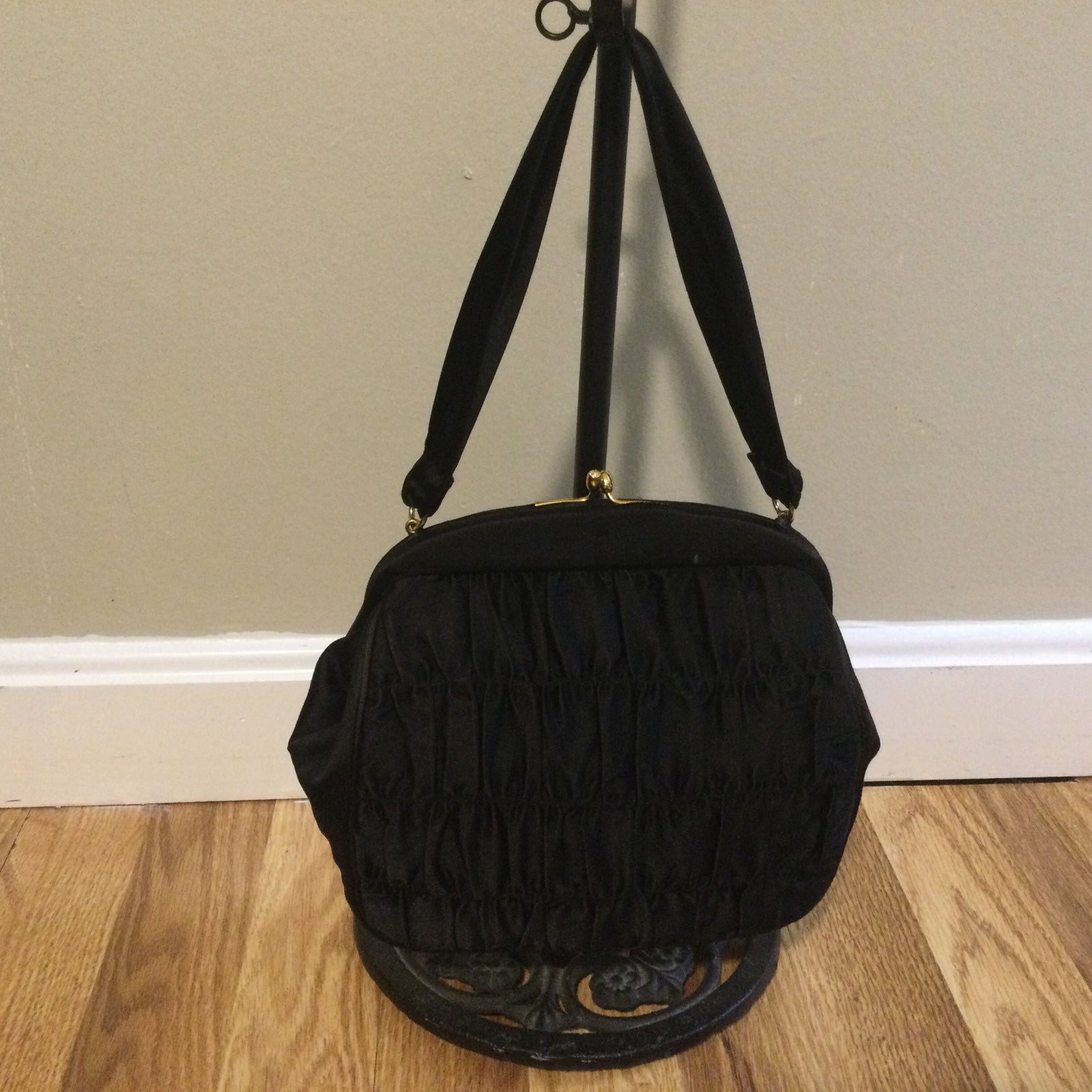 Vintage Kisslock Framed Koret Black Satin Pleated Evening Bag