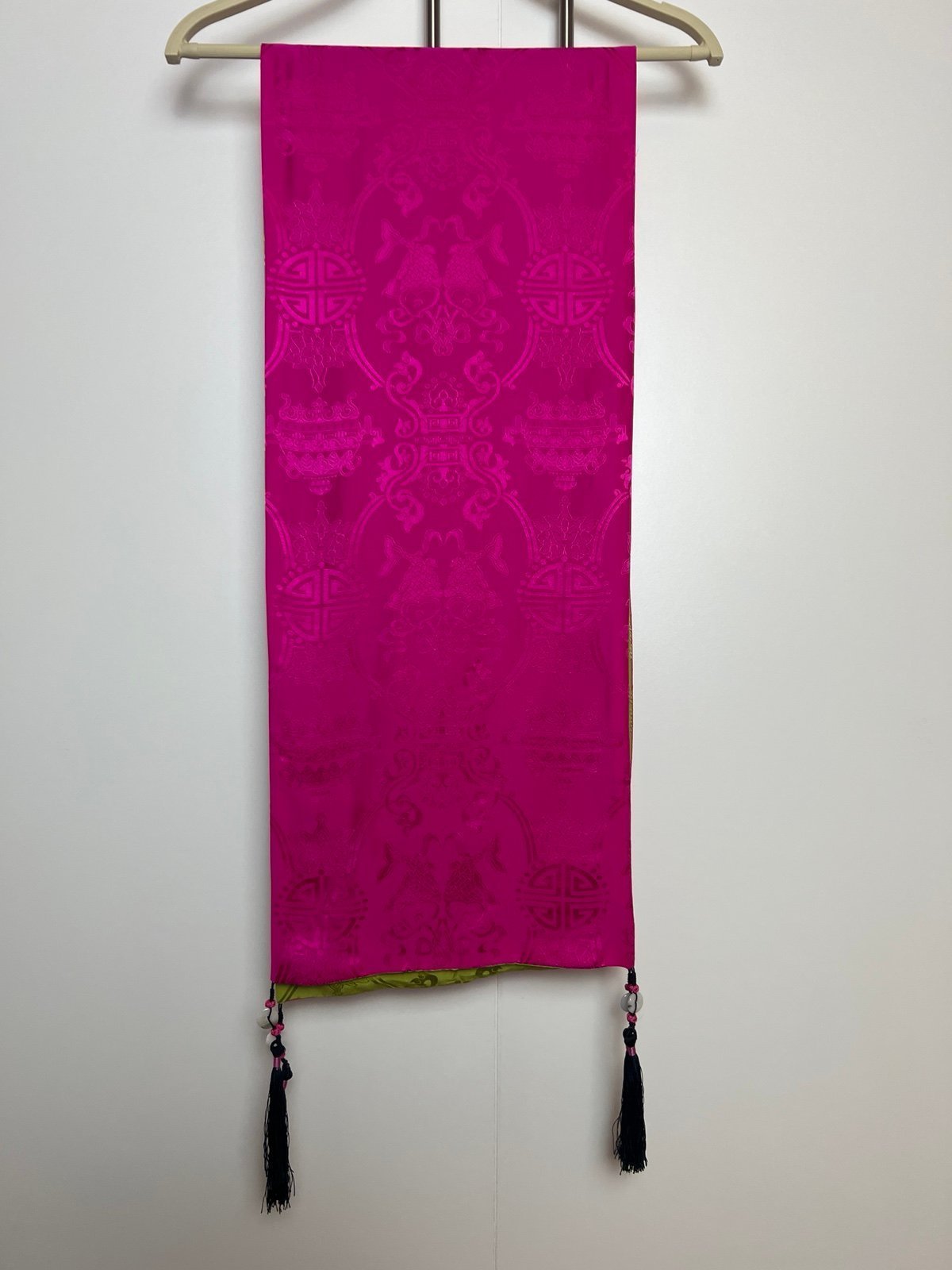 Vintage 80s Chinese Silk Scarf With White Jade Tassels Detailing Super Stunning