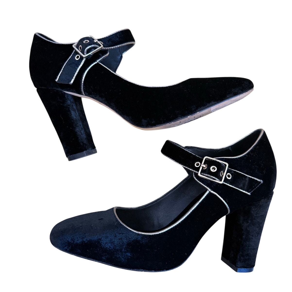 BODEN anthropologie black velvet gold trim square toe mary jane heels