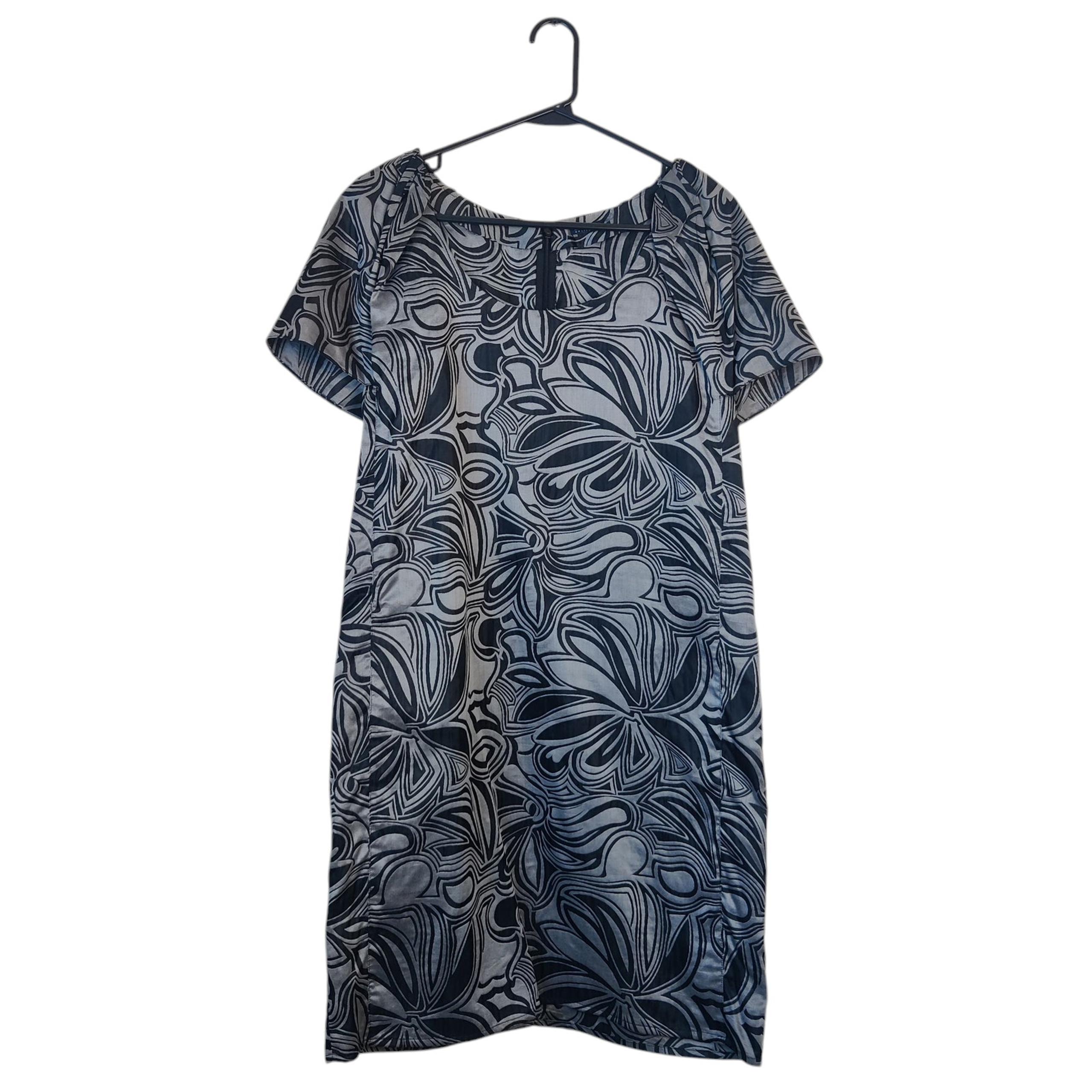 Magaschoni Silk Cotton Statement Sleeve Gray Floral Swirl Shift Dress Medium