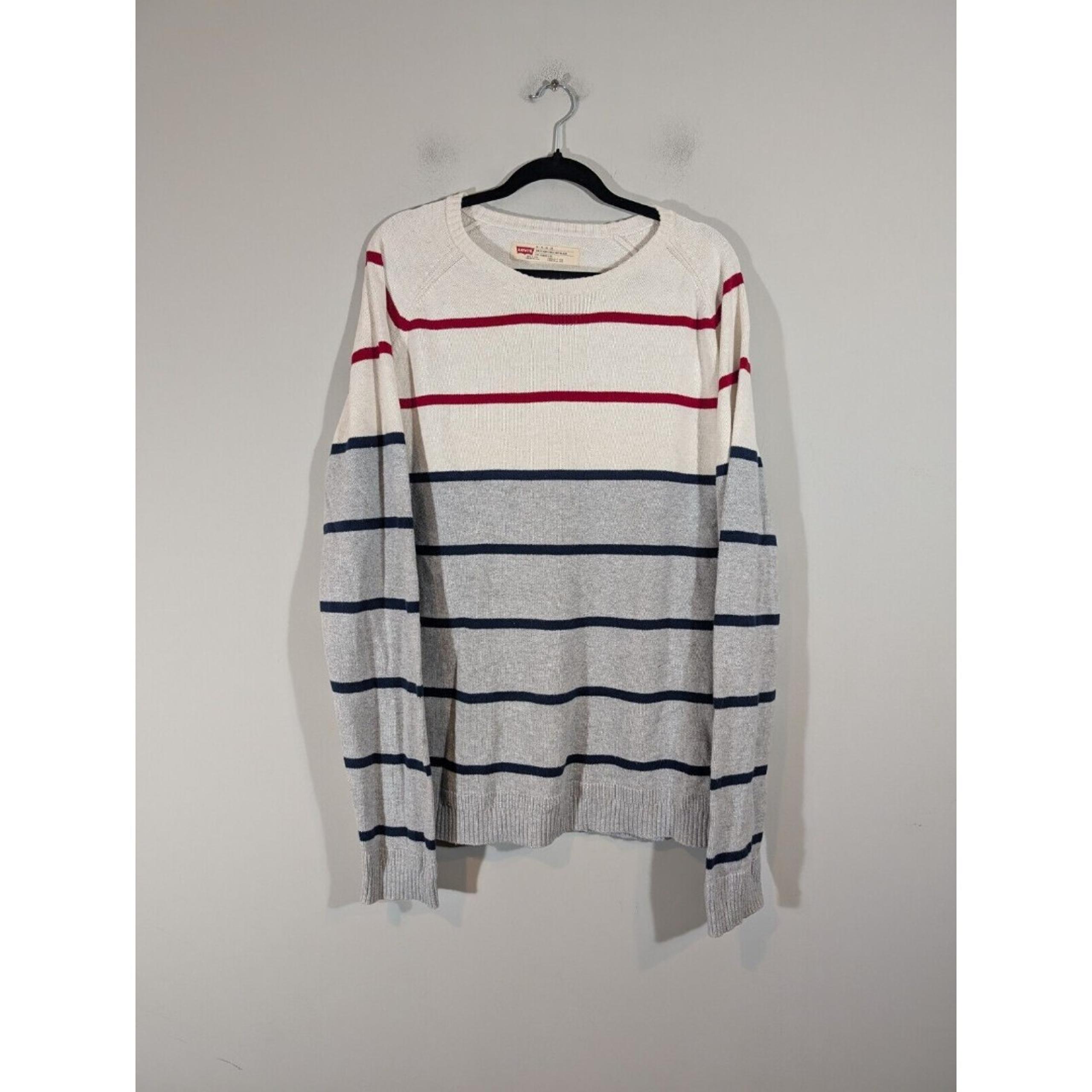 Levi's Sweater Men Sz XL Beige Grey Striped Long Sleeve Slim Fit Crew Neck Nerdy