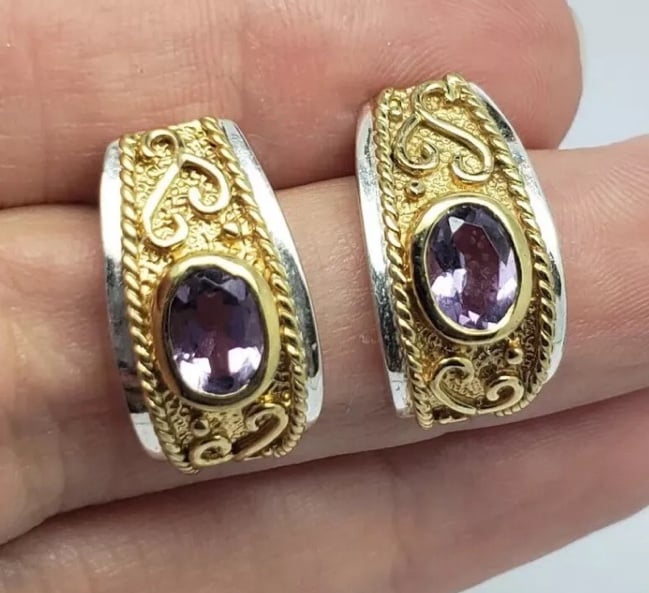 DESIGNER GOLD VERMEIL STERLING SILVER AND AMETHYST EARRINGS