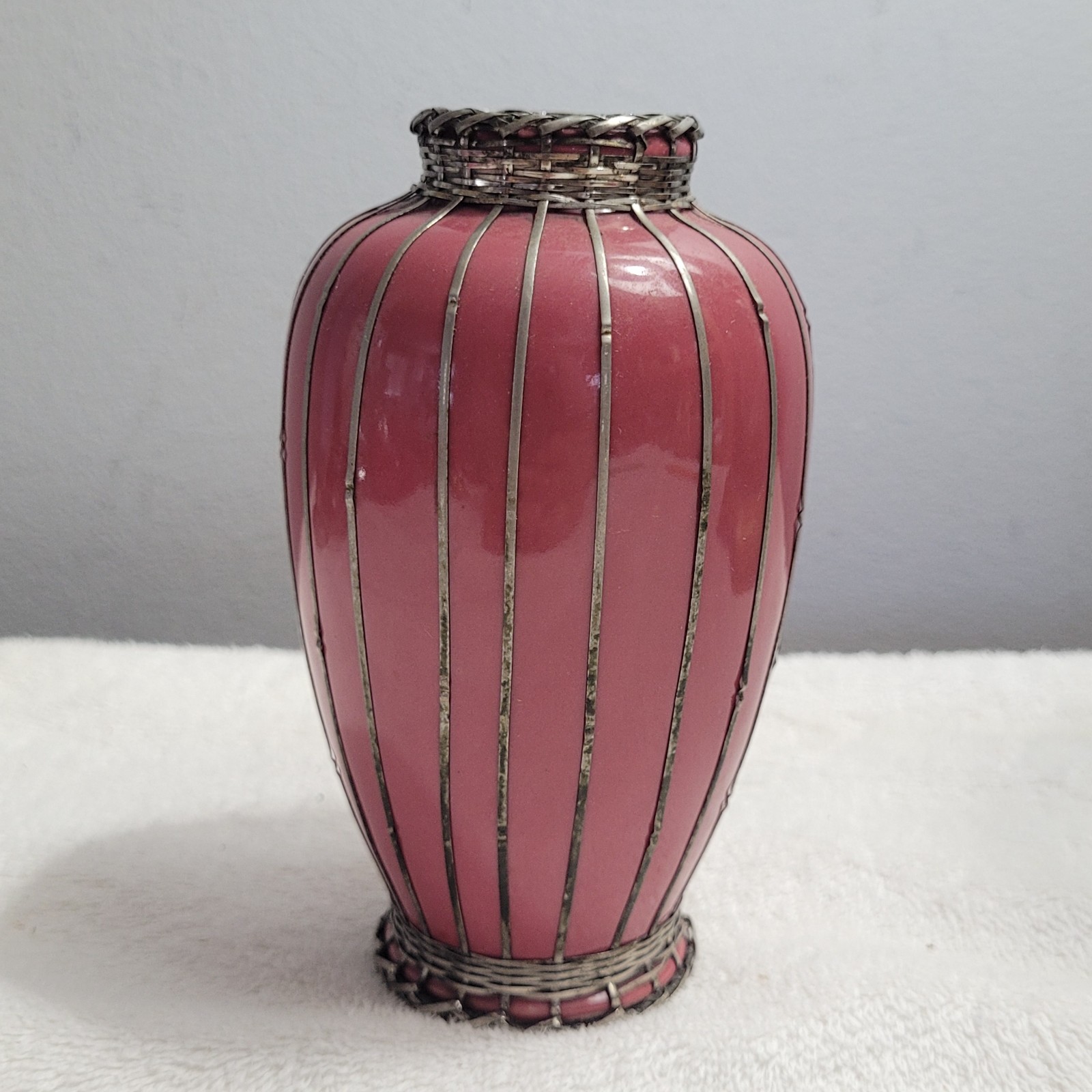 Antique Meiji Era Japanese Awaji Pottery Vase with Silver Weave Overlay