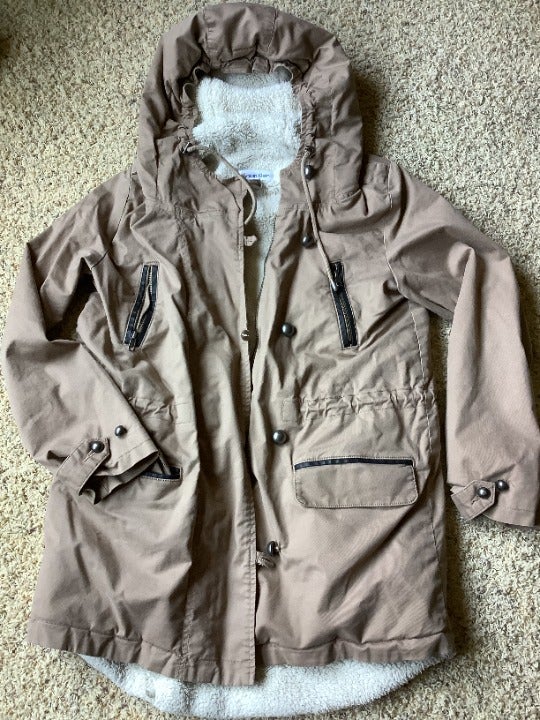 Calvin Klein Khaki beige brown Small Women Hood fur lined Rain Coat Jacket see