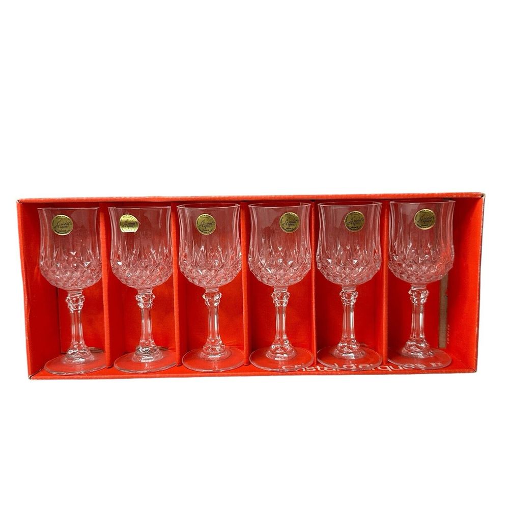 New Set of 6 Vintage Cristal d'Arques Longchamp Crystal 2 Oz Wine Glasses