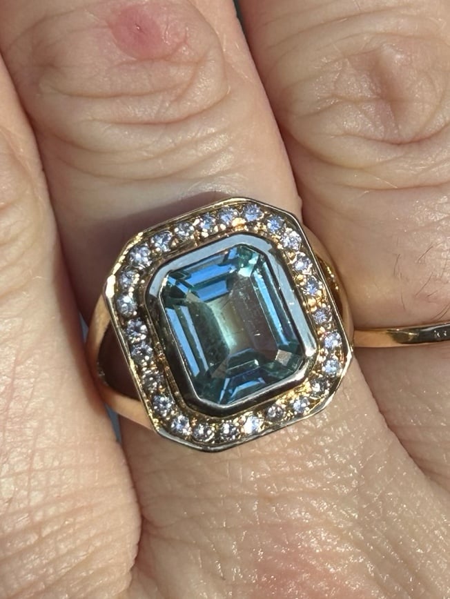 14k Yellow Swiss Blue Topaz and Diamond Ring - Vintage Estate Jewelry