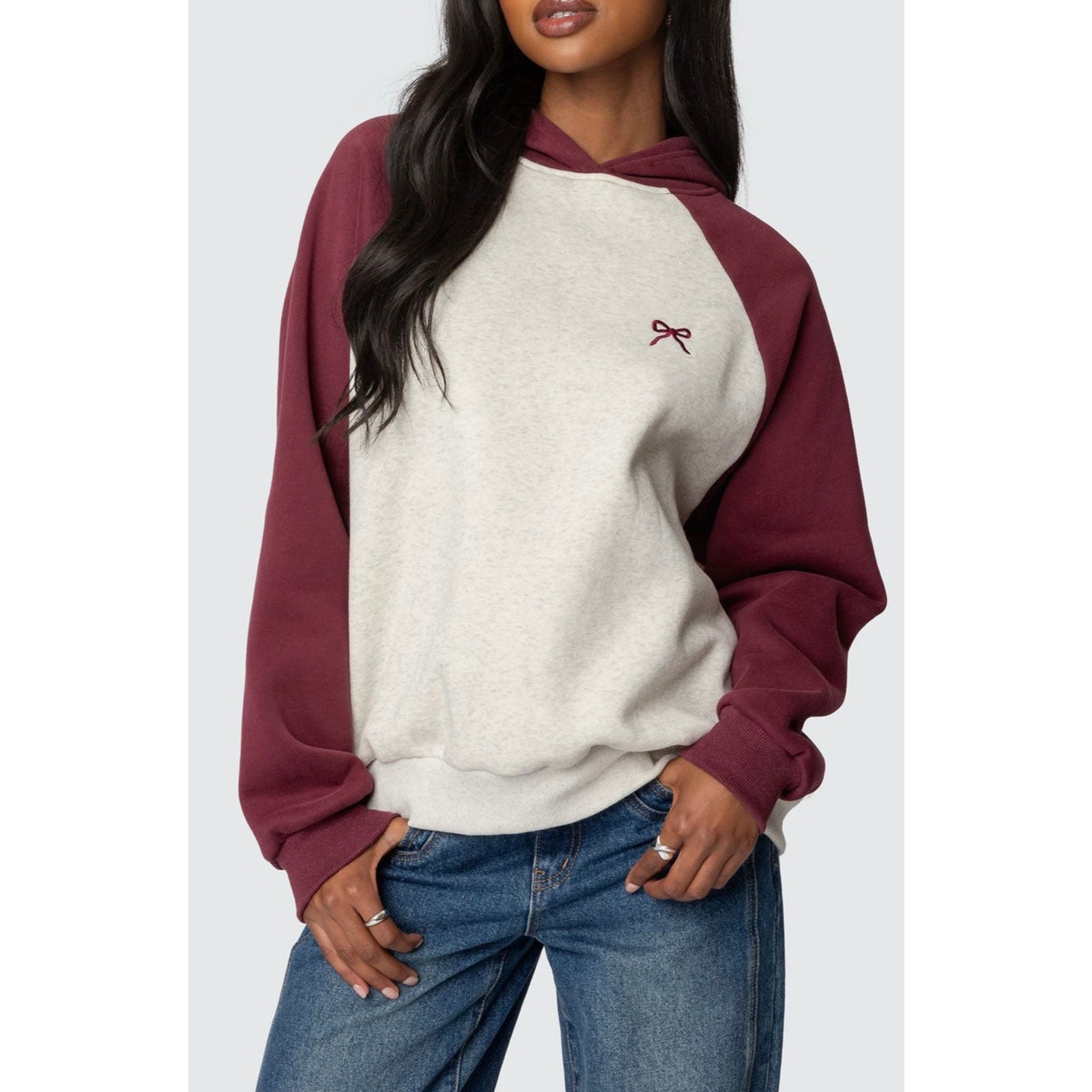 EDIKTED Bow Embroidery Oversize Colorblock Hoodie Burgundy-And-Gray-Me (new)