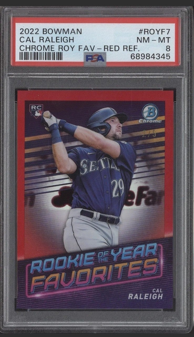 CAL RALEIGH PSA 8 2022 BOWMAN CHROME ROOKIE OF THE YEAR ROY RED REFRACTOR RC 2/5