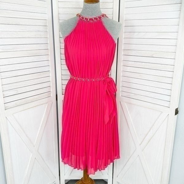 White House Black Market Pleated Halter Dress Chain Detail Pink XS Sleeveless