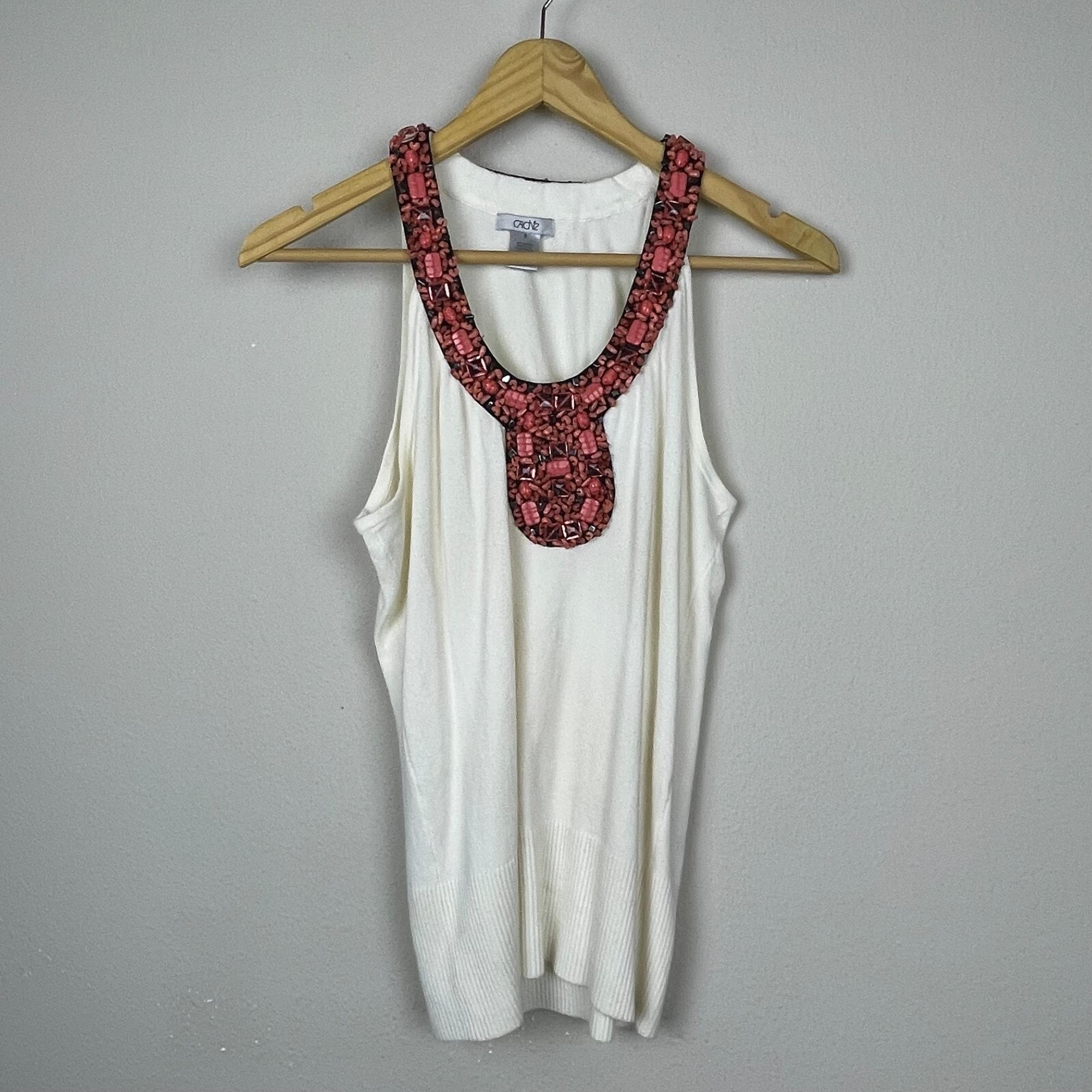 Cache Y2K Knit Beaded Tank Top Ivory Small Boho Festival Gathered Waist S