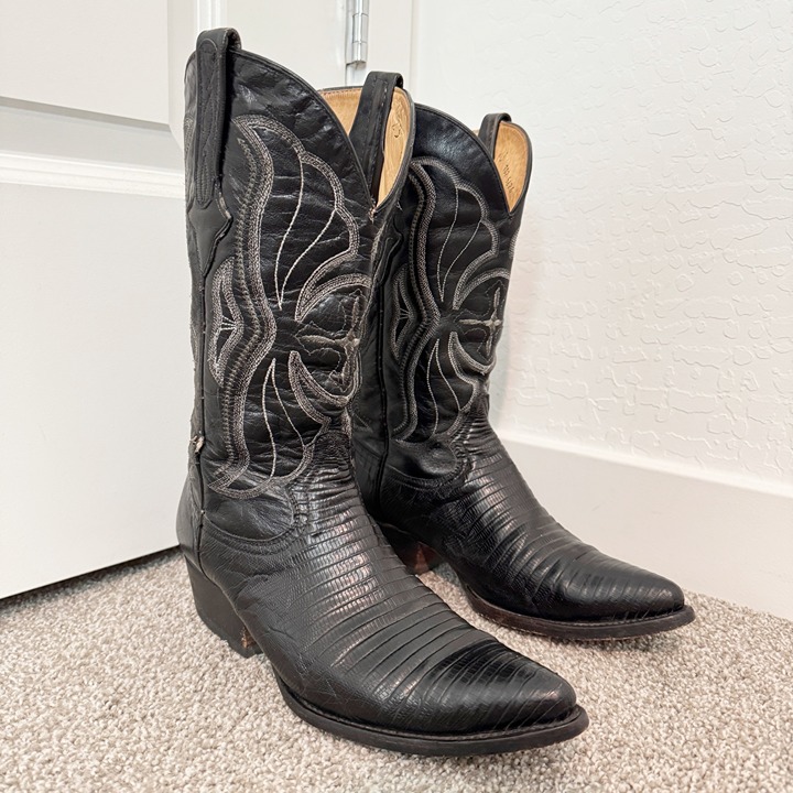 Cuadra Lizard Leather Pointed Toe Western Cowboy Boots Country Black Size 8.5