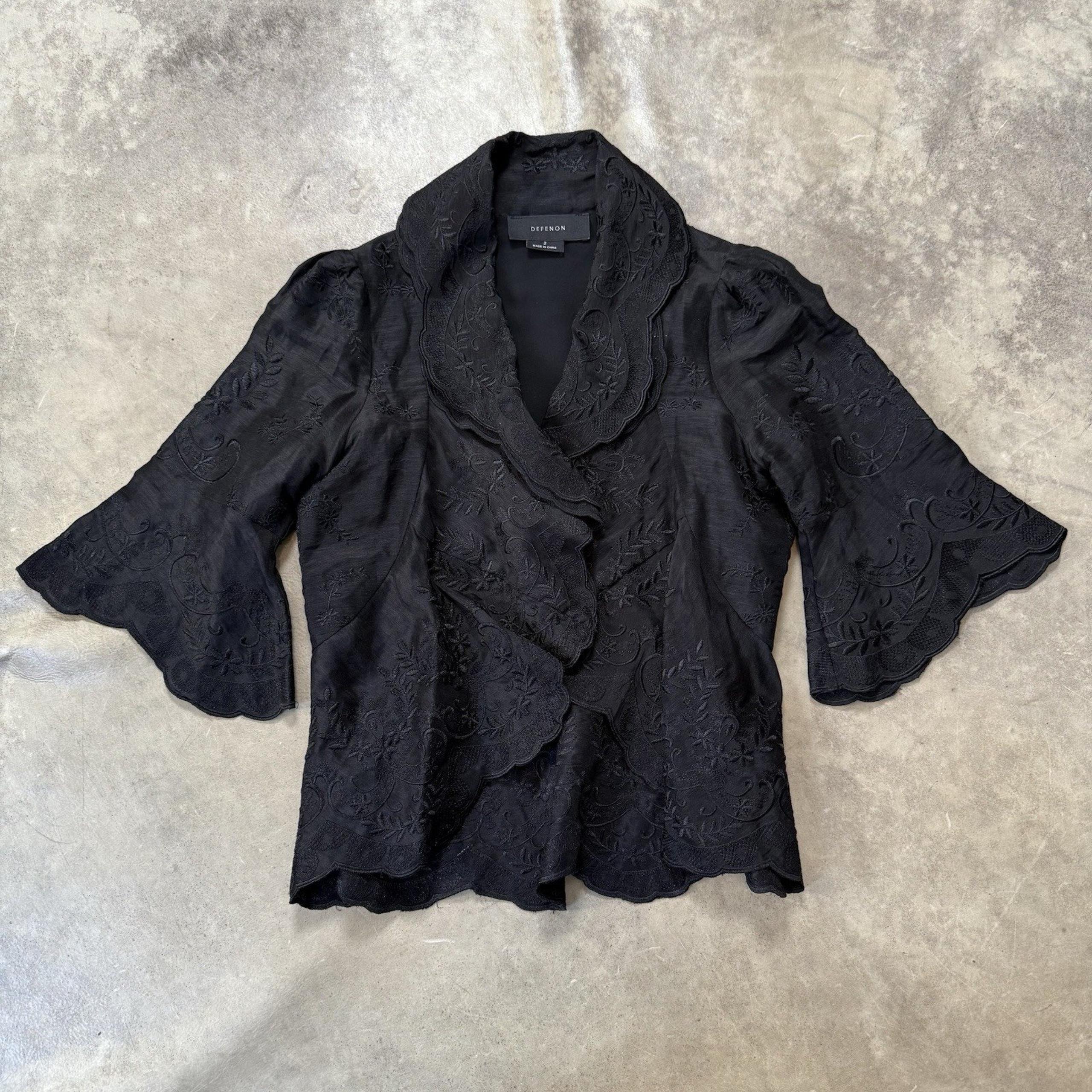 Defenon Jacket Blouse Womens Size 2 Black Ruffle Collar Open Front Silk Blend