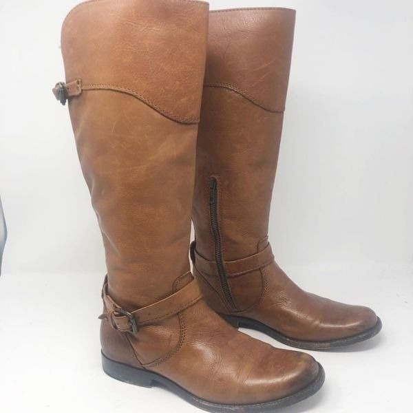 FRYE | Phillip Belted Tall Riding Boots in Cognac Tan Leather Women’s Size 7.5