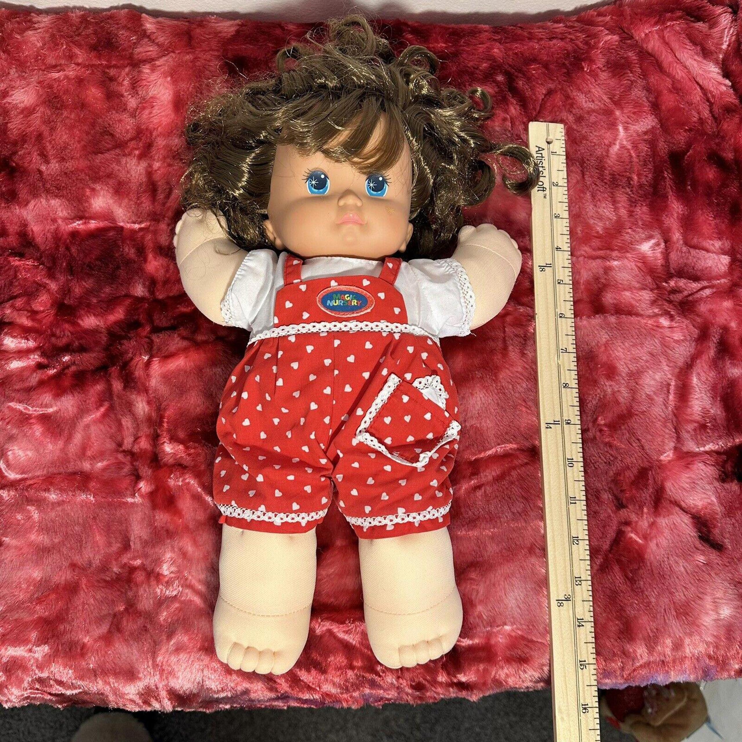 Vintage 1989 Magic Nursery Brunette Girl Baby Doll Dressed Red Polkadots Mattell