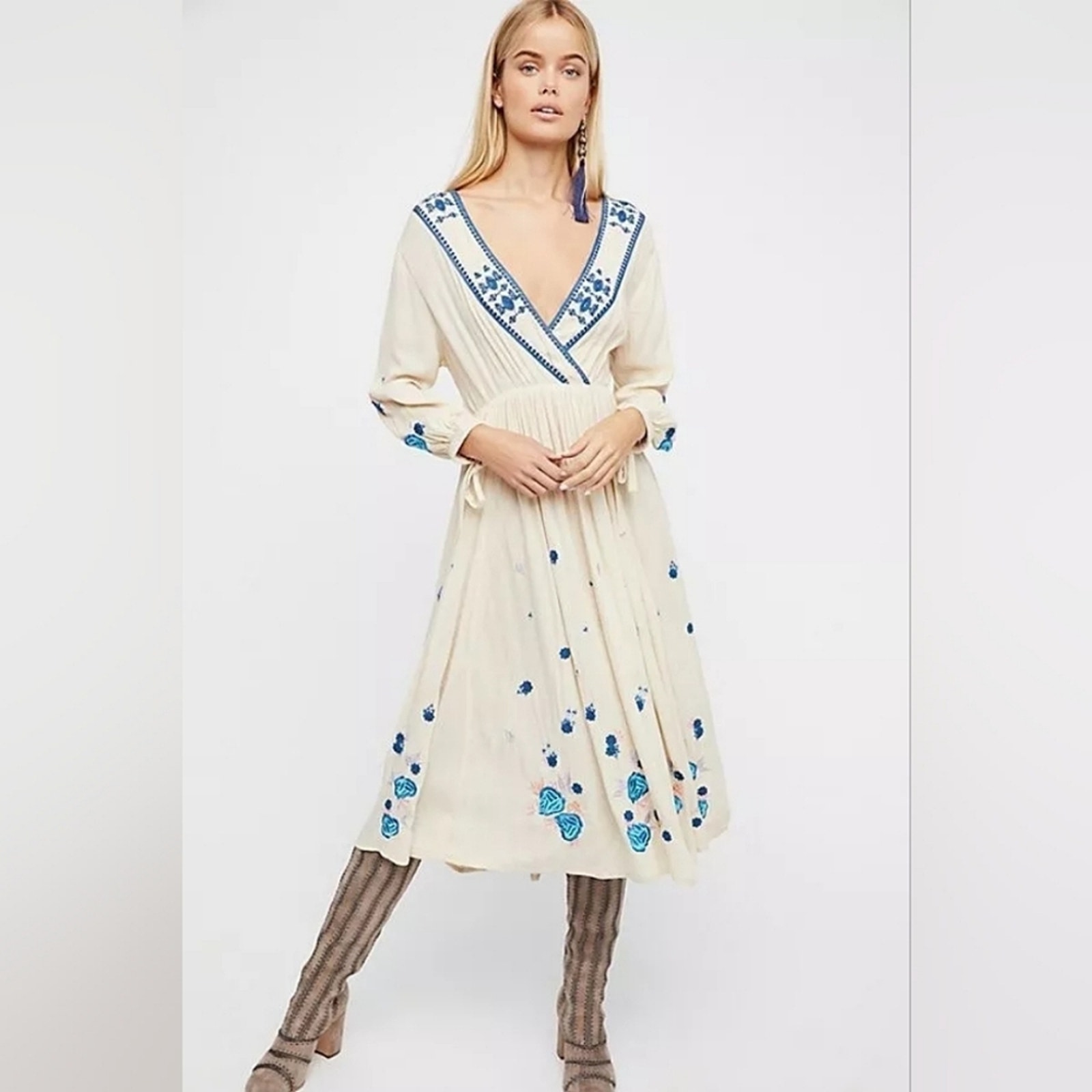 Free People The Enchanted Forest Midi Dress Cream and Blue Embroidered Dress M