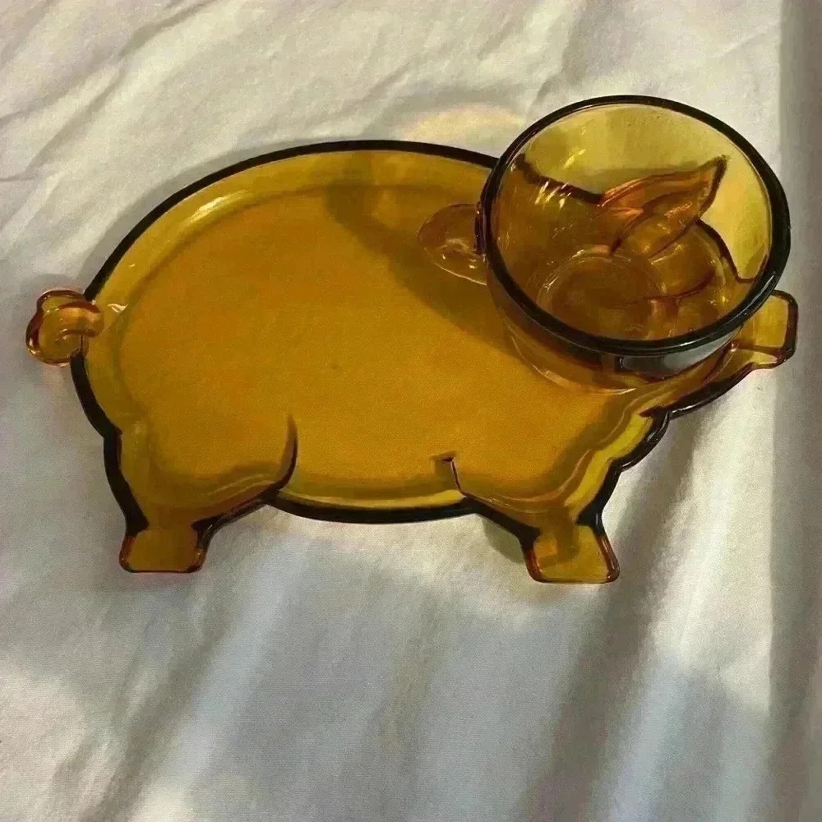 Vintage Tiara Indiana Amber Glass PIG Snack Plate And Cup Set