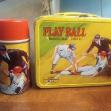 Vintage 1969 Play Ball Magnetic Game Lunch Kit Baseball Metal Lunchbox Thermos