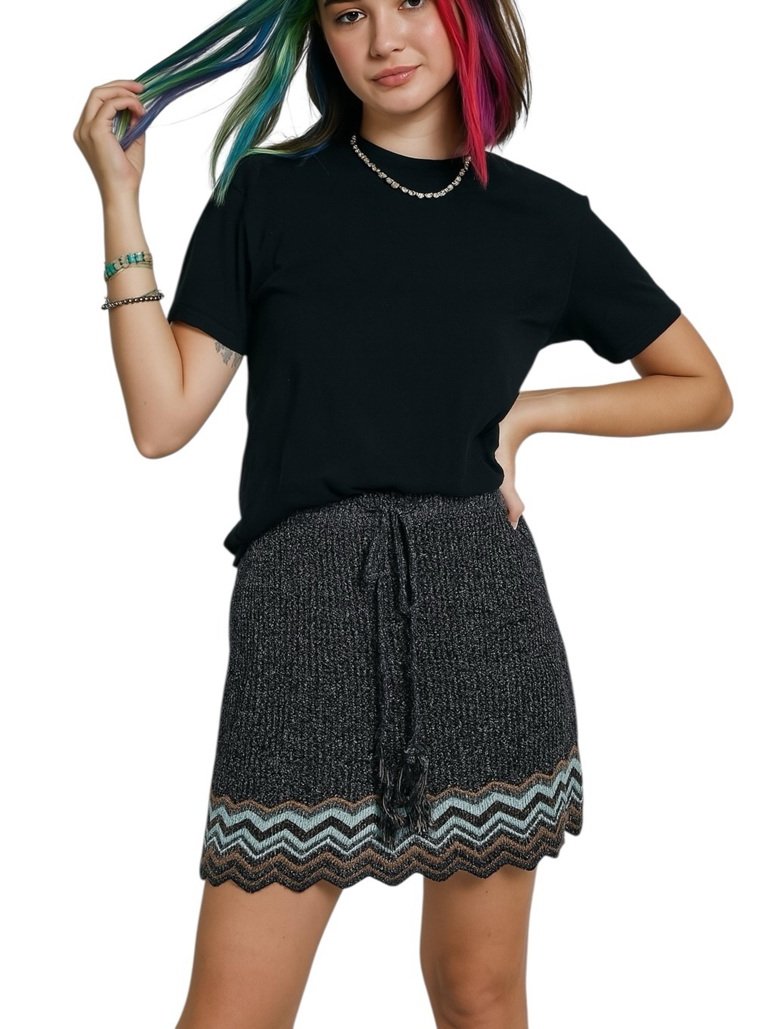 Ecote Large Mini Skirt Knitted Chevron Tassel Elastic Waist Festival Boho Party