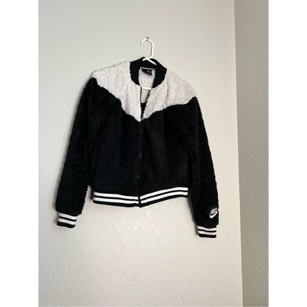 Nike Jacket Women Small Black White Sherpa Color Block Bomber Style Logo
