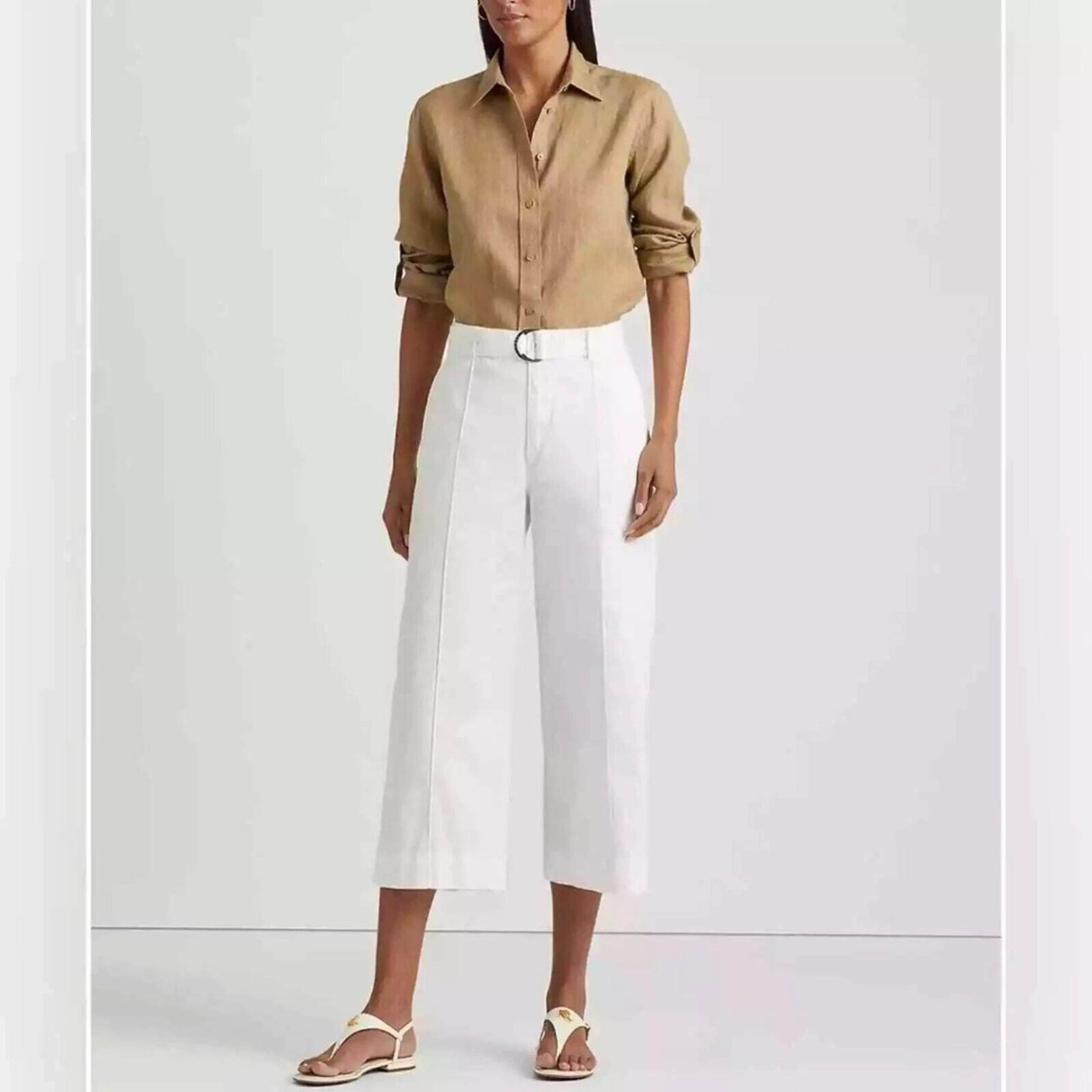 LAUREN RALPH LAUREN women's Pants cotton Belted Wide-Leg Pants white size 18