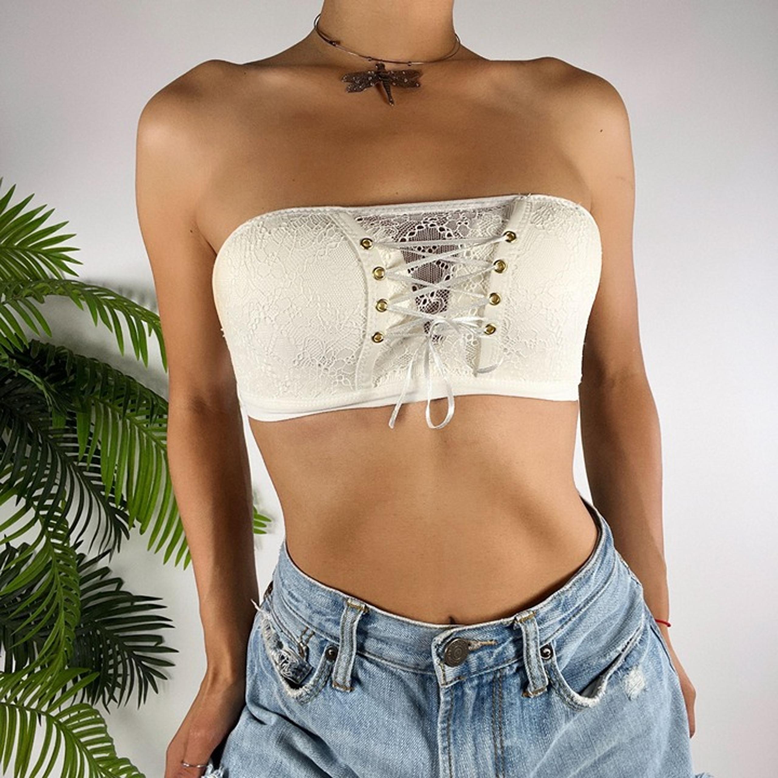 Vintage 90s Style White Lace Coquette Strapless Corset Bra Bralette Top / 34 A