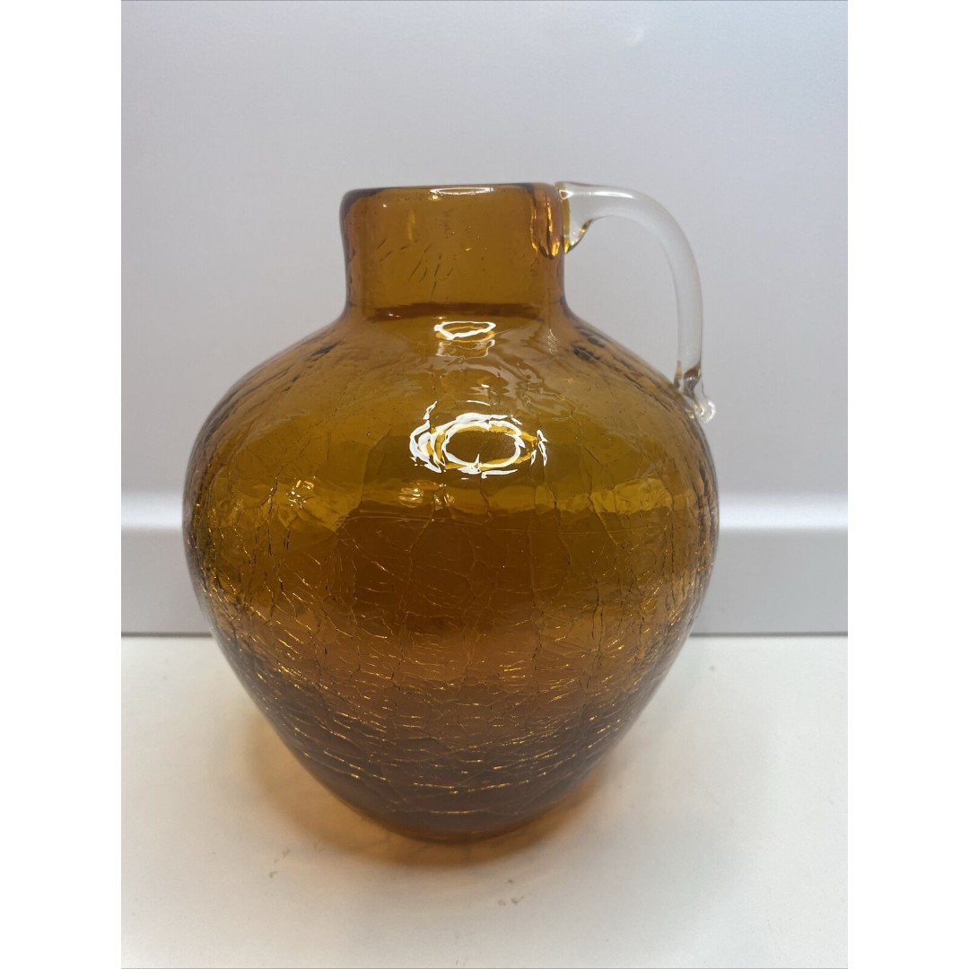 Vtg Hand Blown Cracked Amber Glass Jug with Applied Clear Handle About 6” H