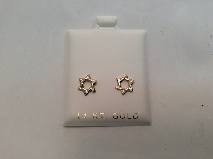 14k Real Yellow gold Star of David CZ Medium stud Screw back earrings