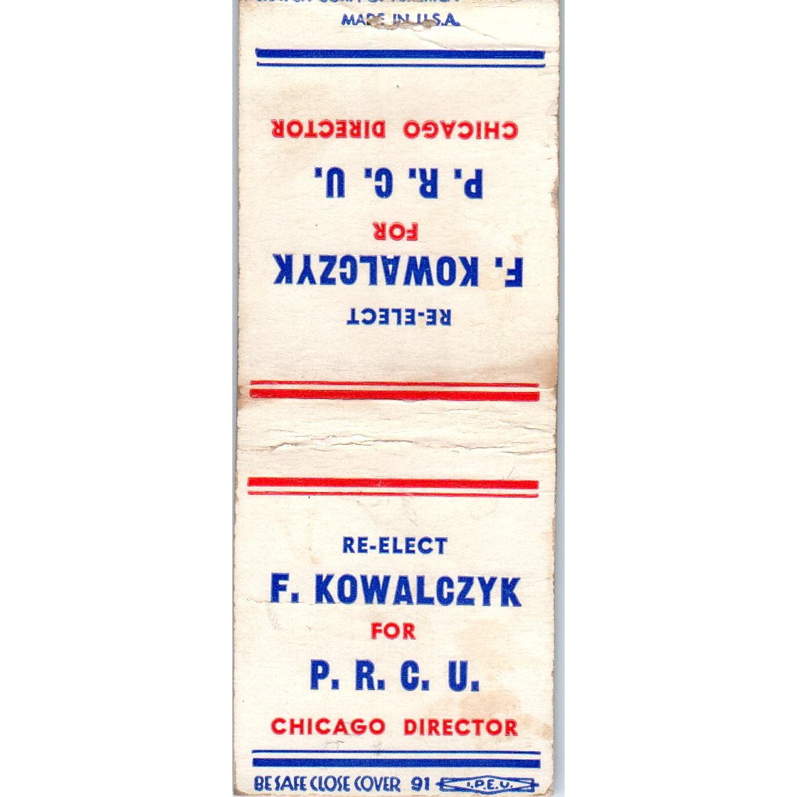 F. Kowalczyk P.R.C.U. Chicago Director Political Vintage Matchbook Cover SF4-Y1