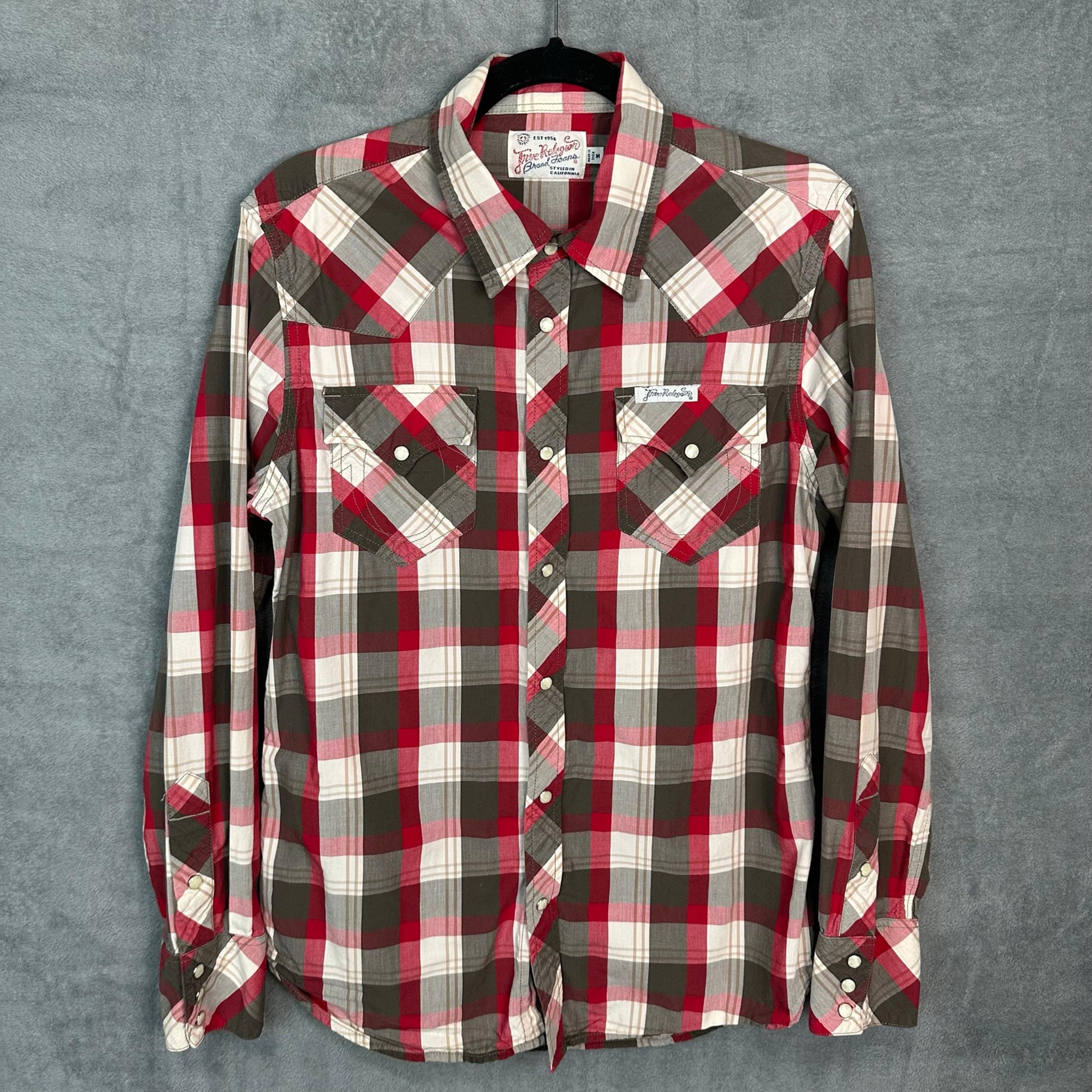 True Religion Shirt Mens Medium Red Plaid Pearl Snap Button Long Sleeve Western