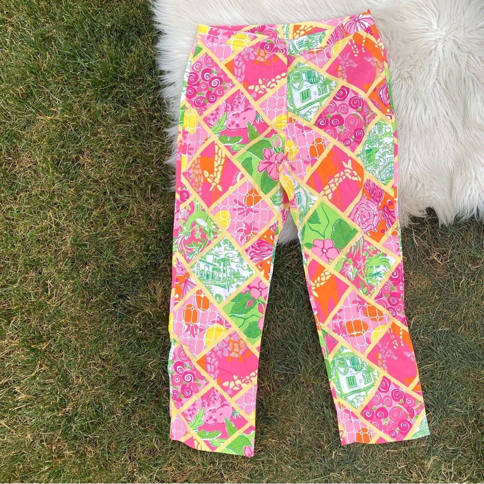 Lilly Pulitzer Vintage Jungle Animal Floral Pants Pink Green 4 Capri