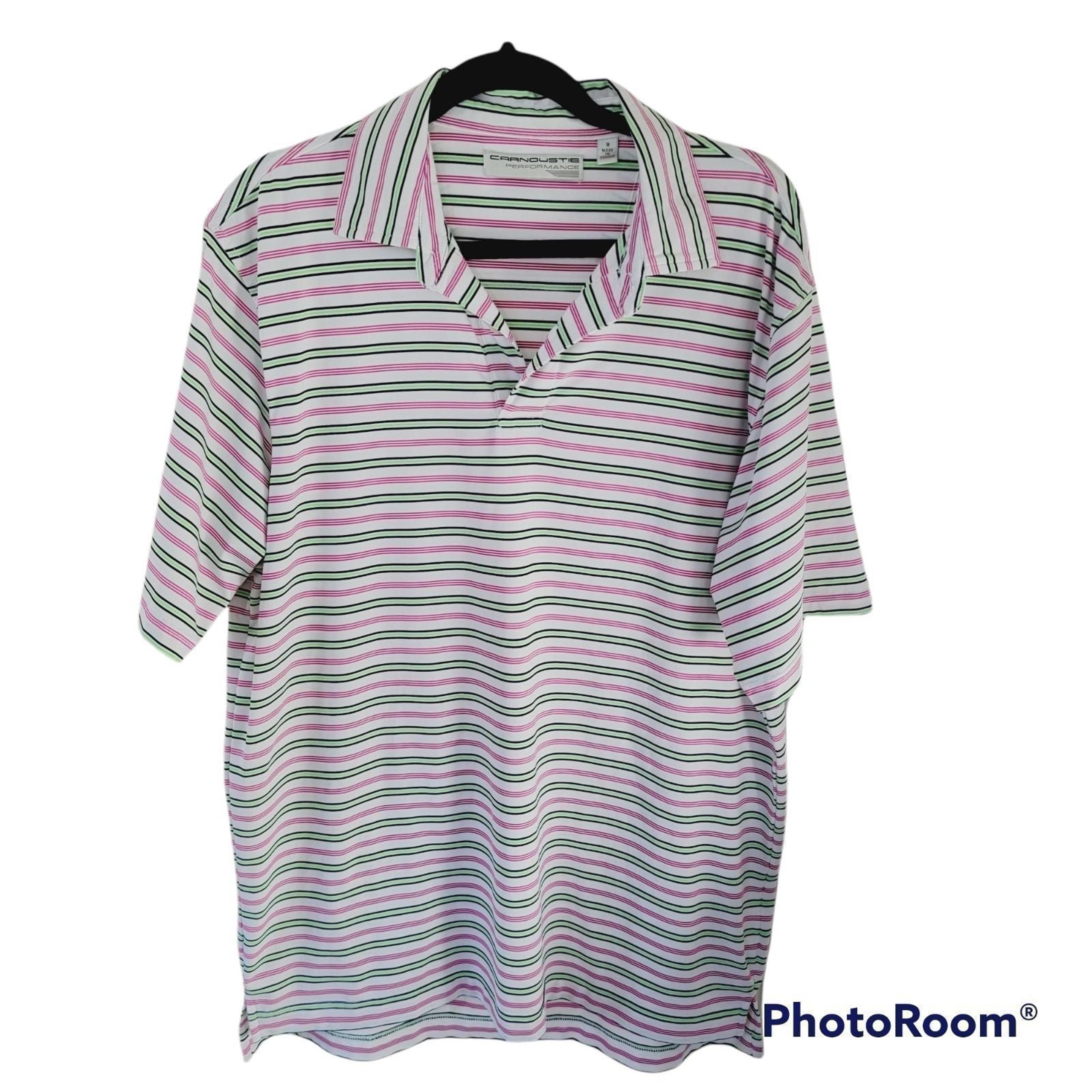 Carnoustie Performance Polo Golf shirt pink white green stripes men size medium