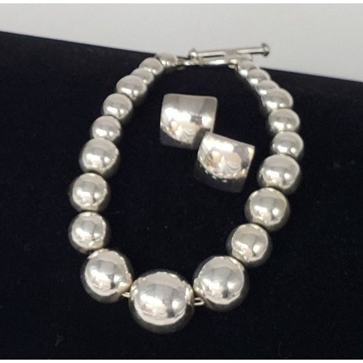 Vintage Sterling Silver Bracelet & Earrings Graduated Beaded Ball 37g