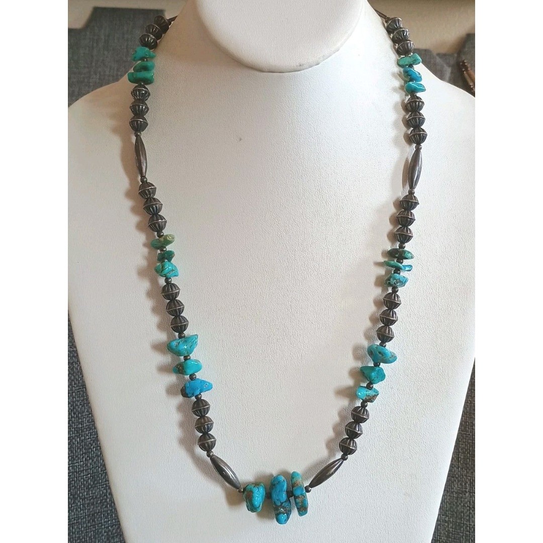 Turquoise Nugget Sterling Silver Native American Vintage Necklace