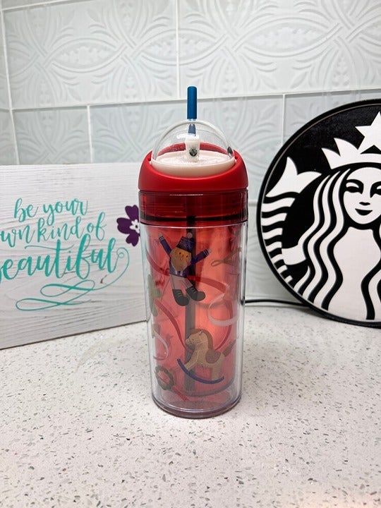 Starbucks Holiday Ribbon Tumbler w/Spinning Ball Lid Cold Cup, 12oz